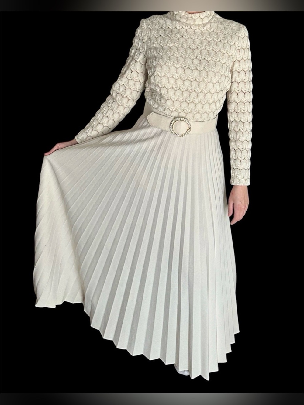 Vintage 1970s Crochet Knitted Pleated Maxi Dress With Belt George Gerring Miami - Picture 1 of 10